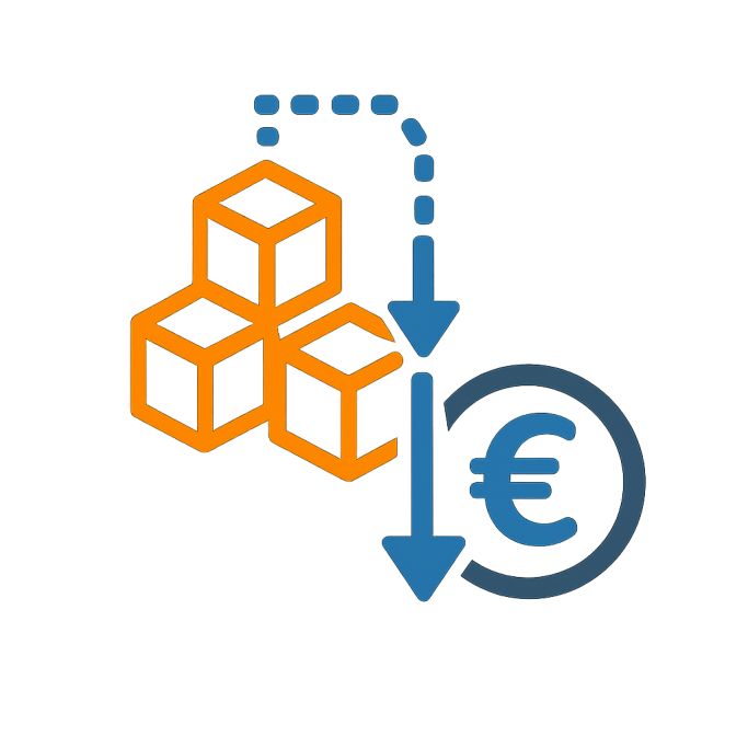 Grafik mit vier Würfeln und einem Euro-Zeichen, das eine Preisänderung anzeigt.