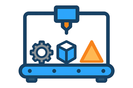 3D-Drucker mit einem Würfel, einem Zahnrad und einem Dreieck daneben.