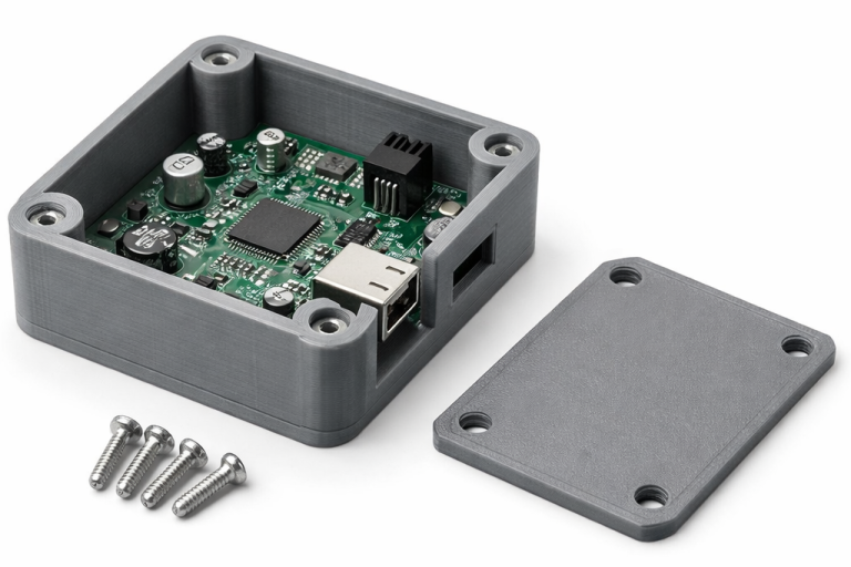 Gehäuse aus Polycarbonat (PC) mit Platine. Schrauben und Deckel daneben.