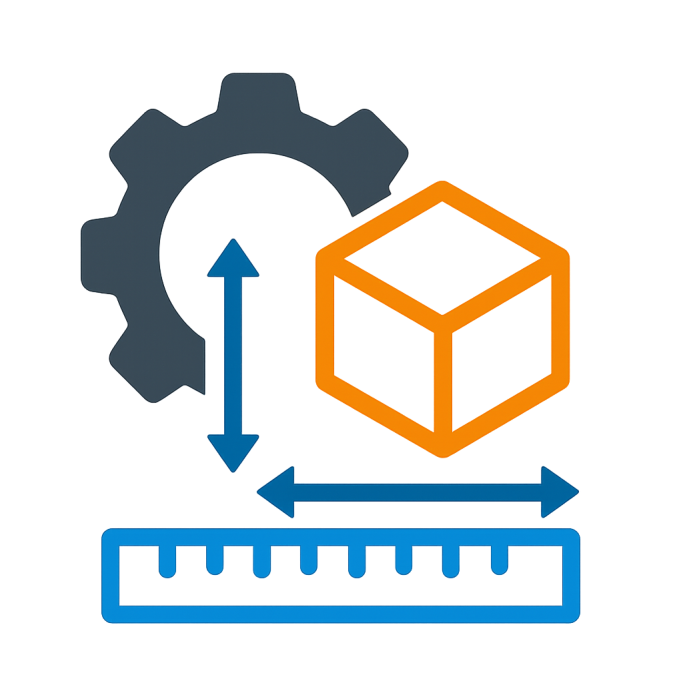 Symbol für technische Planung mit Zahnrad, Würfel und Maßstab.