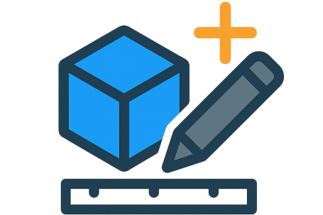 Blauer Würfel, Stift und Lineal, Symbol für Design und 3D-Modellierung.