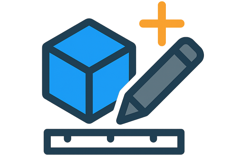 Blauer Kubus, Bleistift und Lineal, Symbole für Design und Konstruktion.