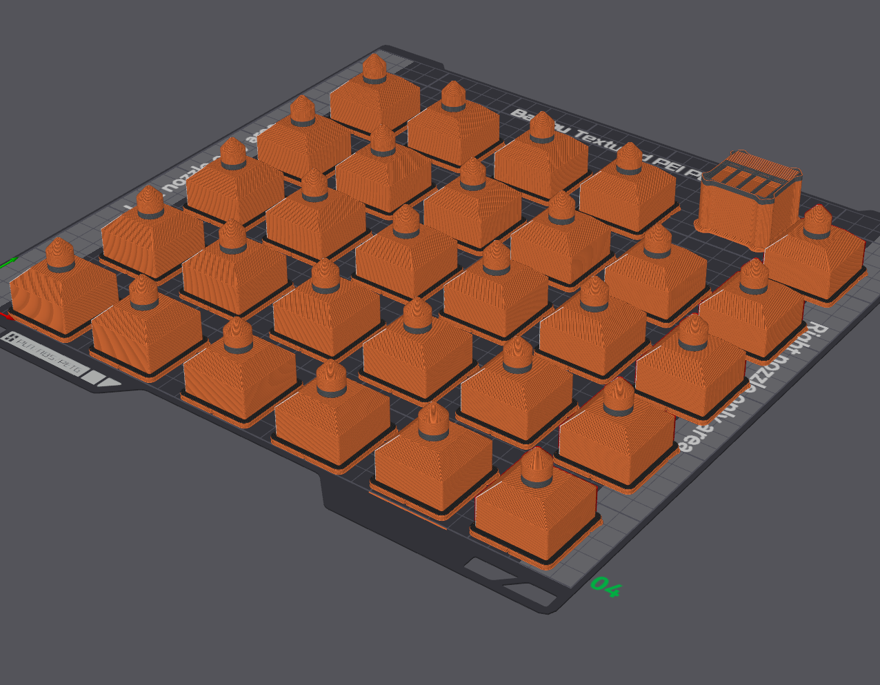 Geslicte Kleinserie zum Drucken Eine Platte mit orangefarbenen 3D Modellen im Slicer