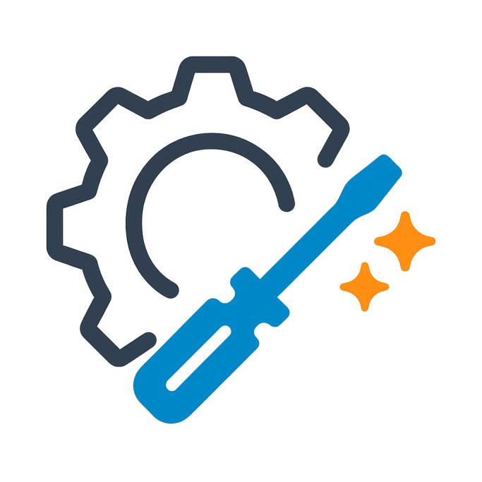 Zahnrad mit Schraubenschlüssel und funkelnden Sternen, Symbol für Technik.